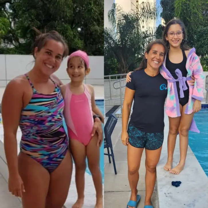 Antes e depois: Roberta com a mesma aluna aos 3 anos e cinco anos depois